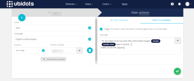 Backto normal action ubidots